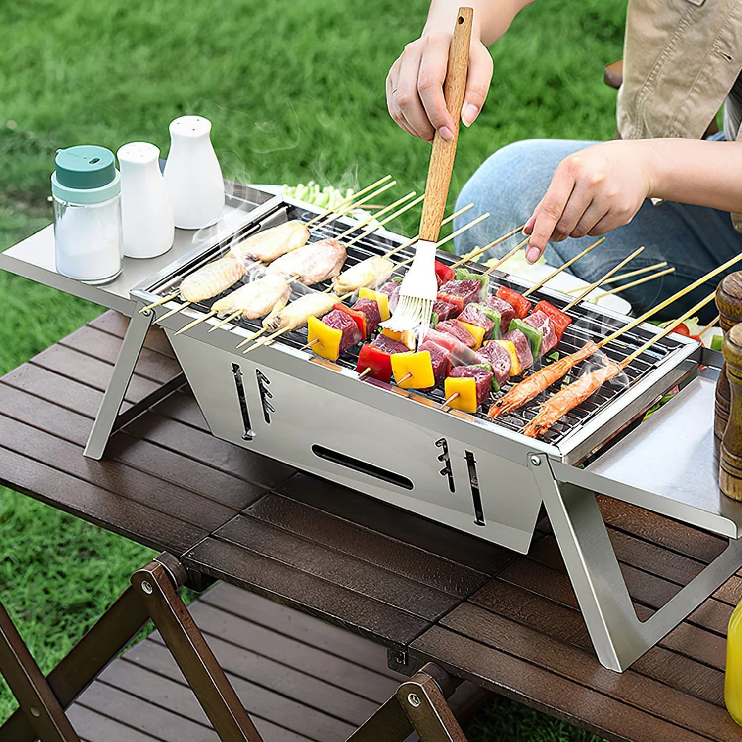 1 Set 3 In 1 Foldable Charcoal Grill Fire Pit Slow Cooker 2-3 People Portable Camping Grill Stainless Steel BBQ Grill For Camping Tailgating Yard