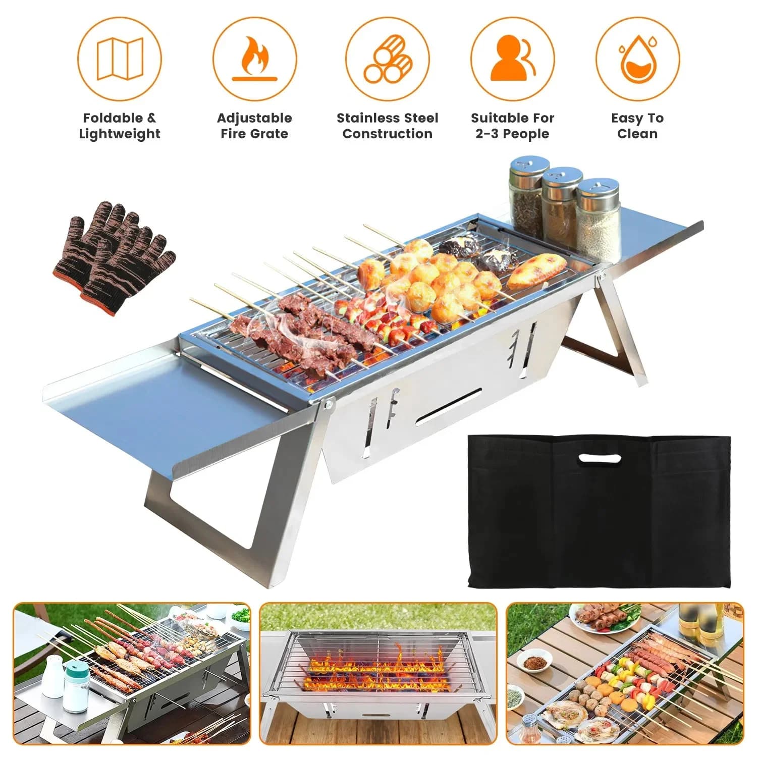 3 In 1 Foldable Charcoal Grill Fire Pit Slow Cooker 2-3 People Portable Camping Grill Stainless Steel BBQ Grill For Camping Tailgating Yard GPCT5452