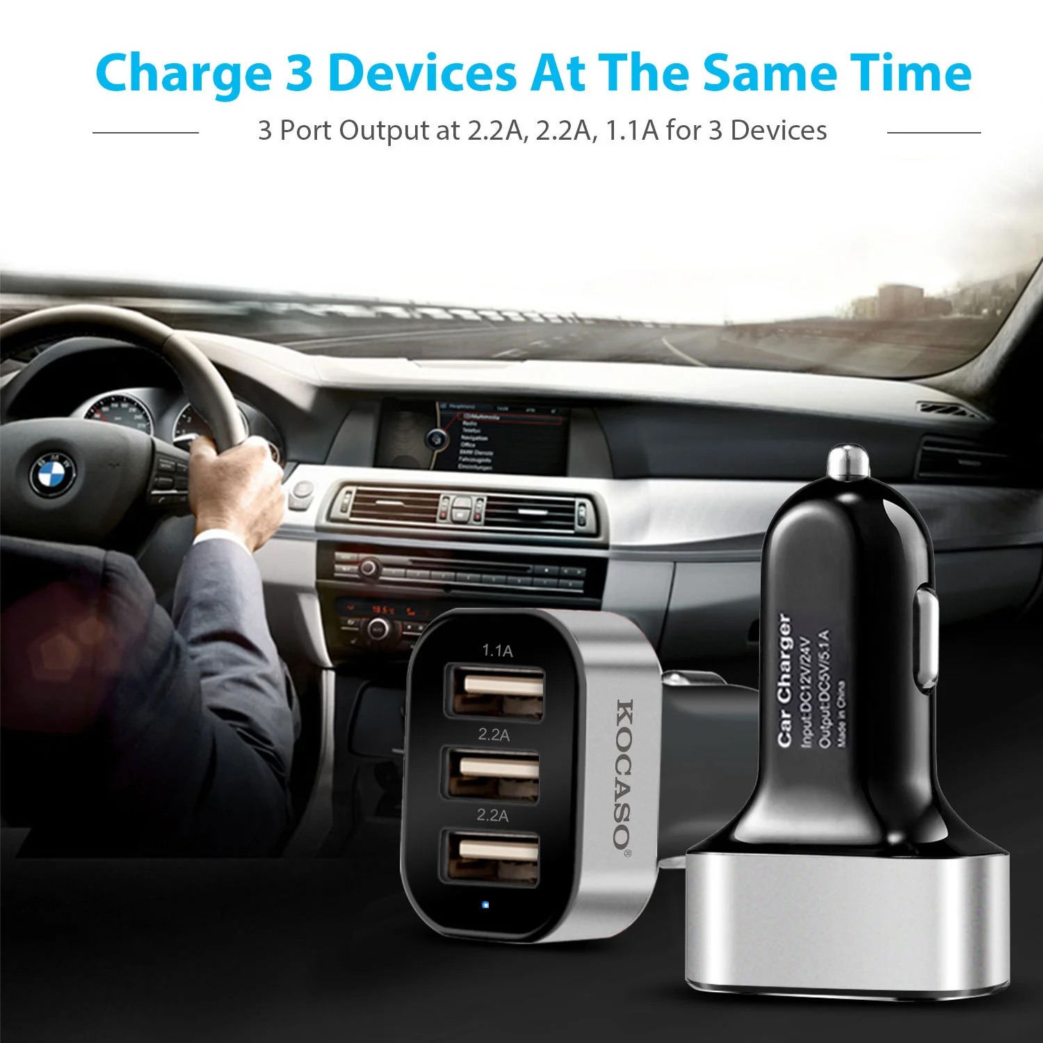 Chargeur de voiture USB 1Pc 3Port 30W 5,5A pour téléphone IOS 16 15 14 et plus