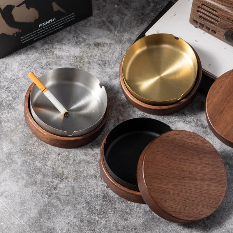 Wooden Trendy Unique Black Walnut Ashtray With Lid