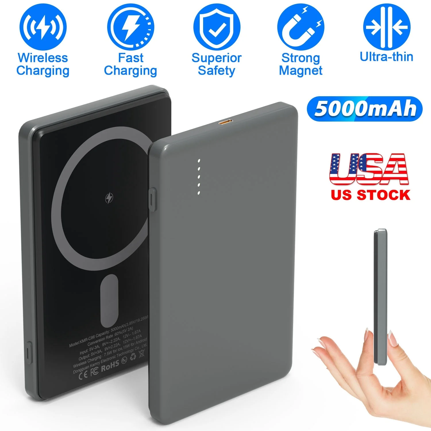 2 en 1 5 000 mAh 8 MM Slim MagSafe Wireless Power Bank PD20W Chargeur magnétique rapide Chargeur de téléphone portable Adapté pour téléphone IOS 15 14 13 12 Series et plus
