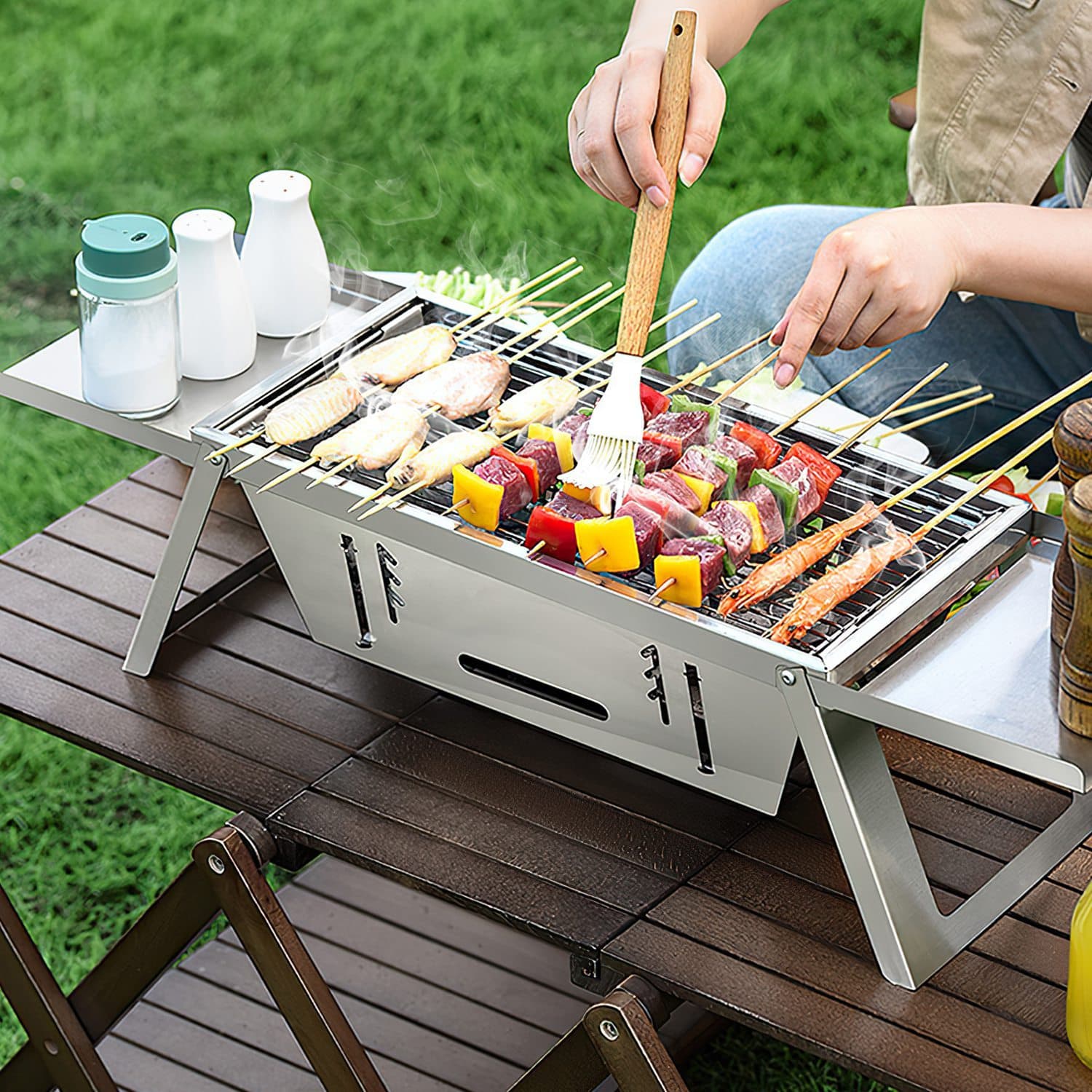 1 Set 3 In 1 Foldable Charcoal Grill Fire Pit Slow Cooker 2-3 People Portable Camping Grill Stainless Steel BBQ Grill For Camping Tailgating Yard