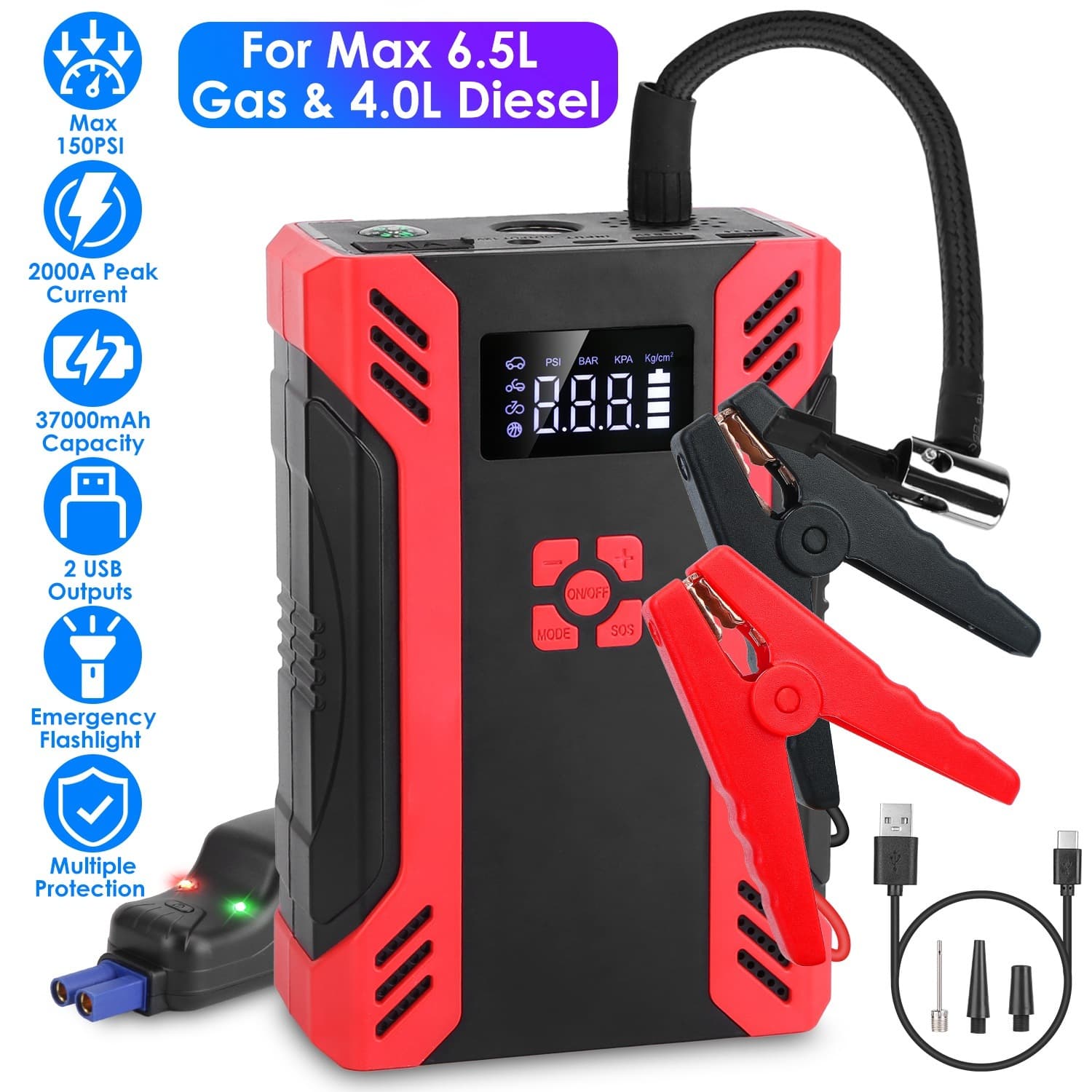 1Pc Car Jump Starter With Air Compressor Portable Car Battery Booster With Digital Tire Inflator With 2000mAh Peak Current For 12V Car 6.5L Gas Or 4.0L Diesel Engines